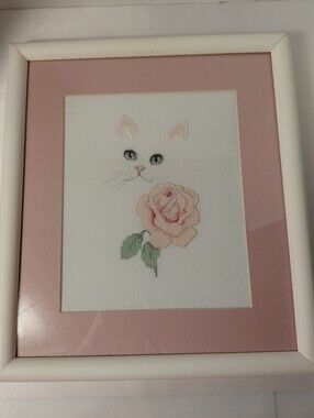 White Framed Pink Rose Cat Cross-Stitch Wall Art